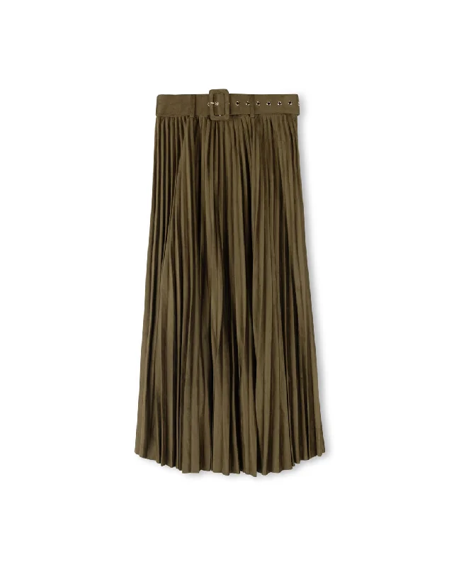 Suede Pleated Maxi Skirt With Belt