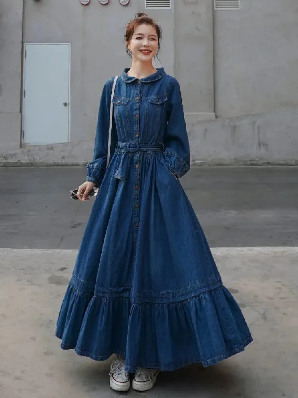 Autumn Winter French Retro Denim Robe Solid Large Skirt Hem Long Dress