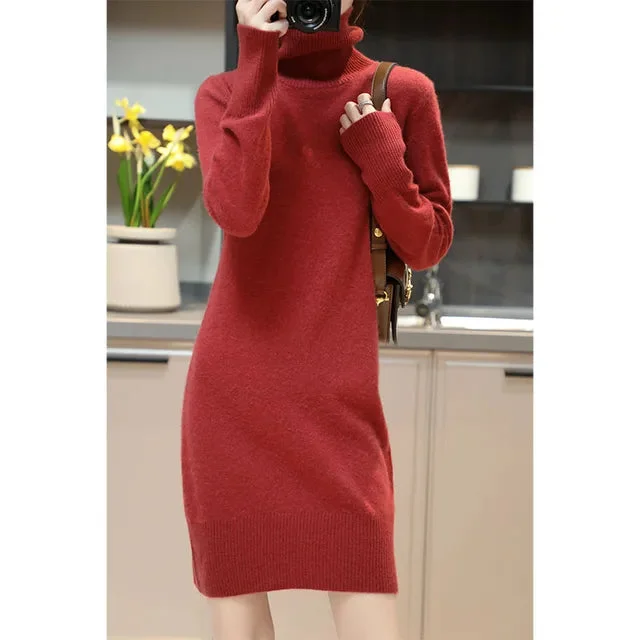 Cashmere Turtleneck Knitted Dress Casual Long-Sleeve Skirt