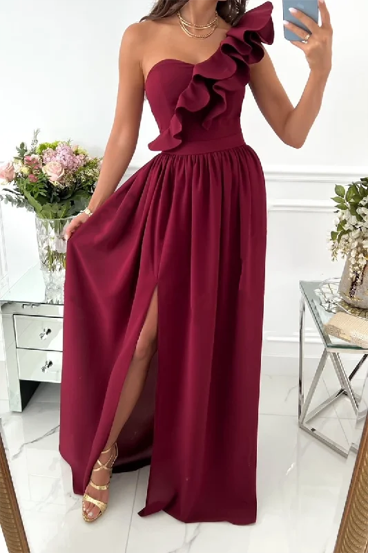 Casual Solid Flounce One Shoulder Cake Skirt