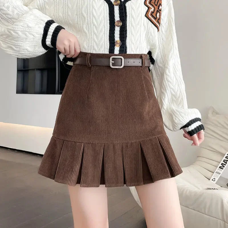 Corduroy Pleated Skirt with Belt Preppy Style High Waist A-line Mini Skirt