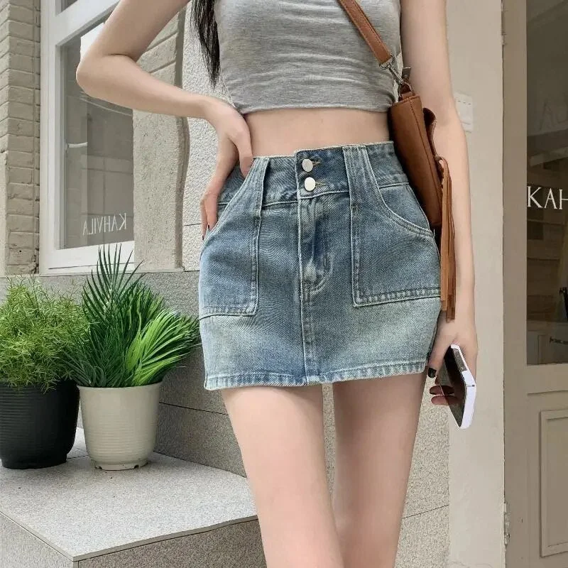 Denim Mini Skirt: High Waist A-line Pockets Distressed Vintage Jeans Skirt