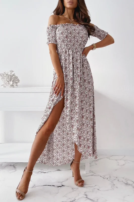 Elegant Floral Slit Fold Off the Shoulder Waist Skirt