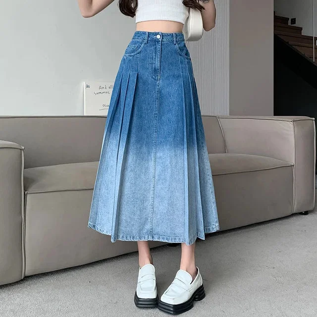 Grandient Pleated Denim Long Skirt Casual Blue Jeans Skirt Pockets