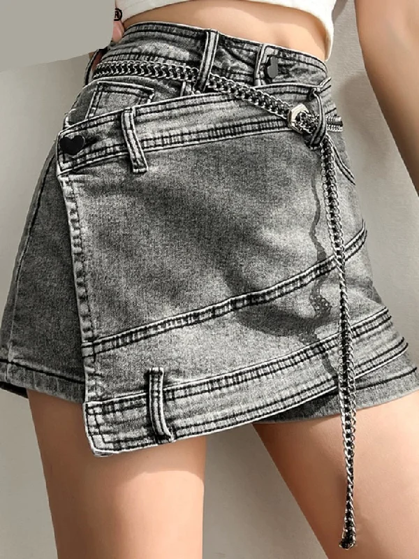 High Waist Irregular Chain Spliced Gray Skirt