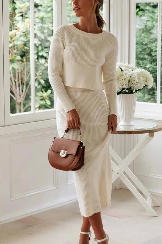 Knitted Solid Color Sweater Skirt Suit