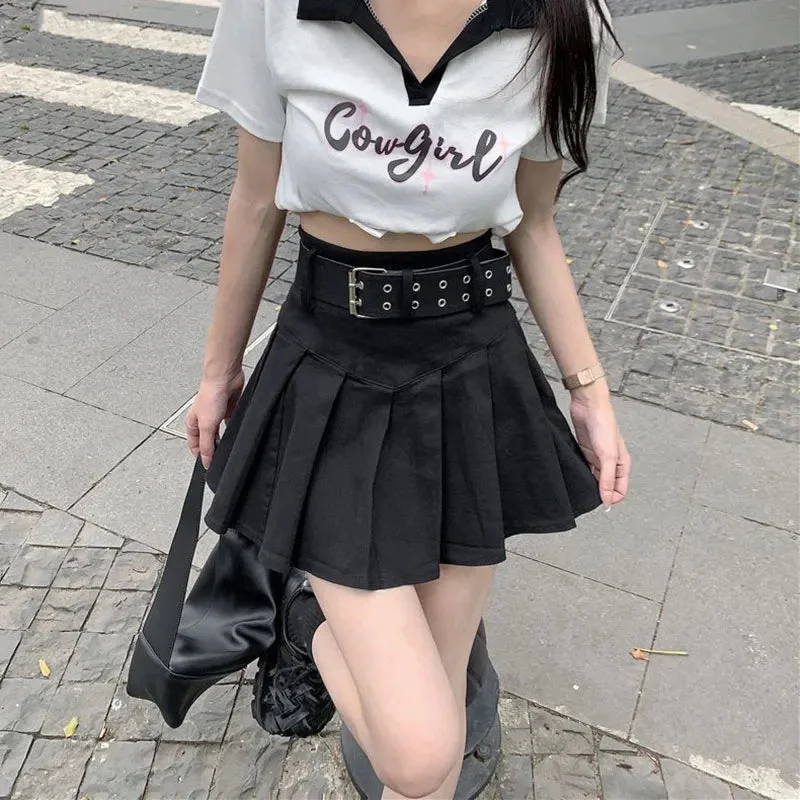 Korean Khaki High Waist Pleated A-Line Skirt with Belt Streetwear Mini Skirt