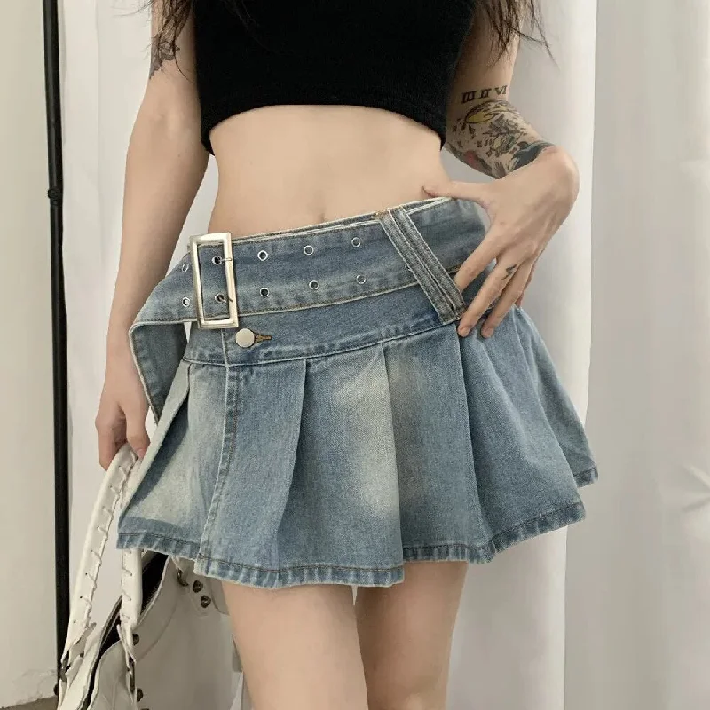 Pleated Denim Mini Skirt: Summer Sexy Slit Belt Patchwork Low Waist Jean Skirt