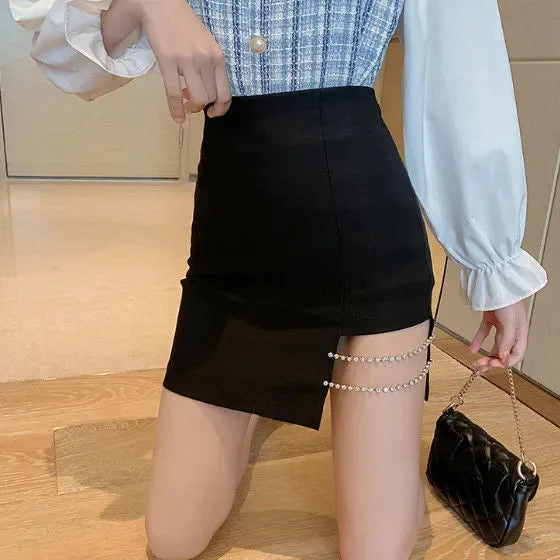 Side-slit Crystal-chain Slim Patchwork Bottom Summer Chic Mini Skirt