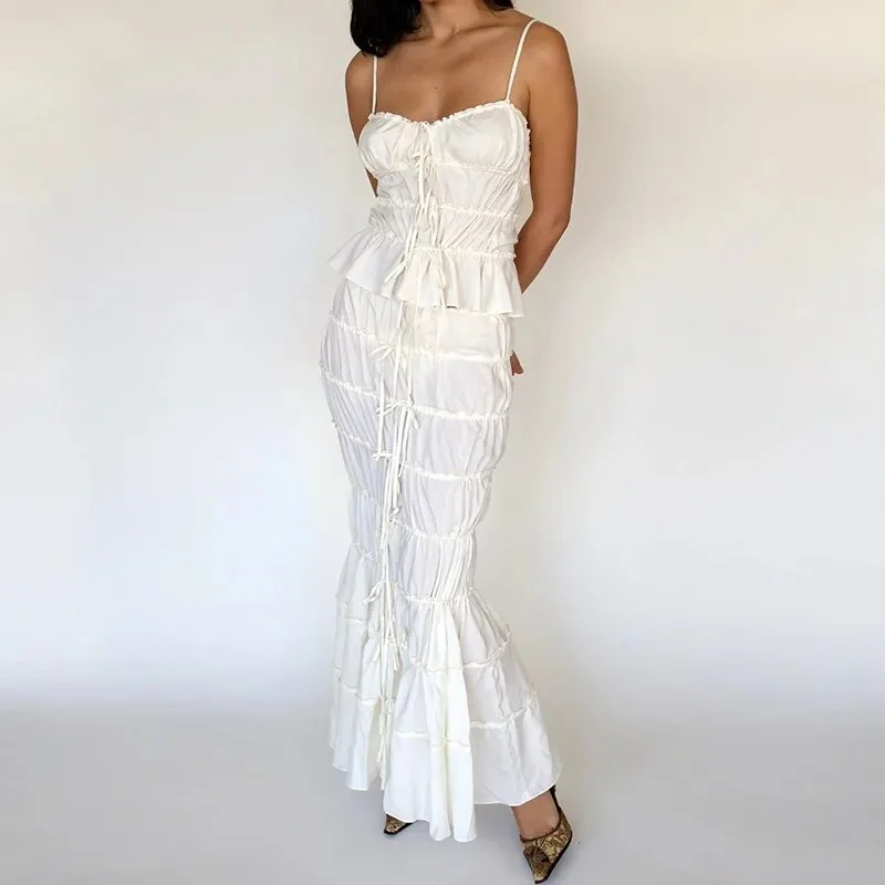 Vintage Ruffles Tunnel Cami Top + High Waist Wrap Long Skirt