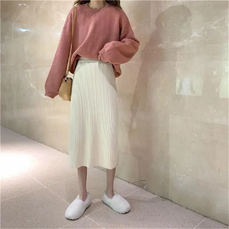 Vintage Thick Sweater Skirt: Elastic High Waist Pleated Midi Knitted Skirt