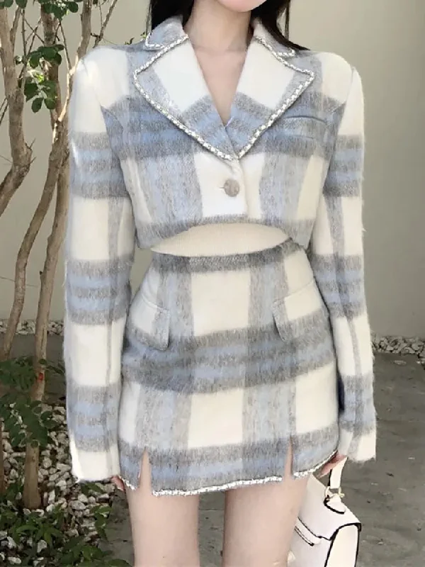 Women's Wool Set: Plaid Skirt and Cropped Blazer Suits