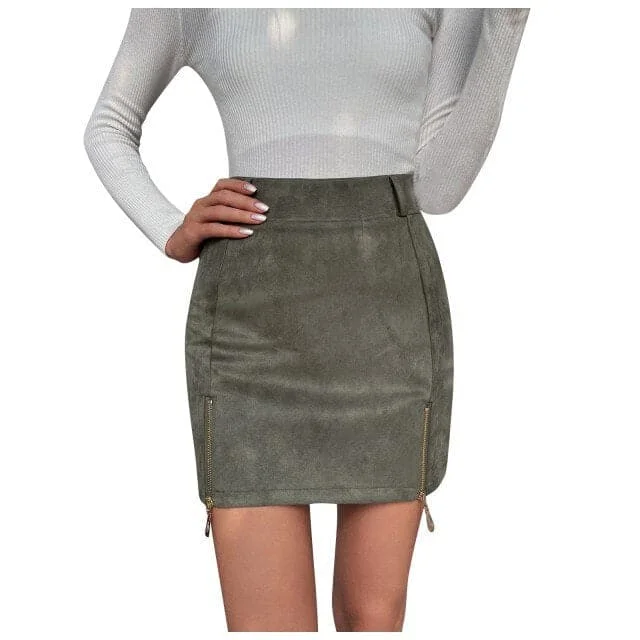 DressBetty - Women Mini Skirt Suede Zipper Bandage Slim Sexy Autumn New Korean High Waist Casual Solid A-line Slits Bodycon Skirts