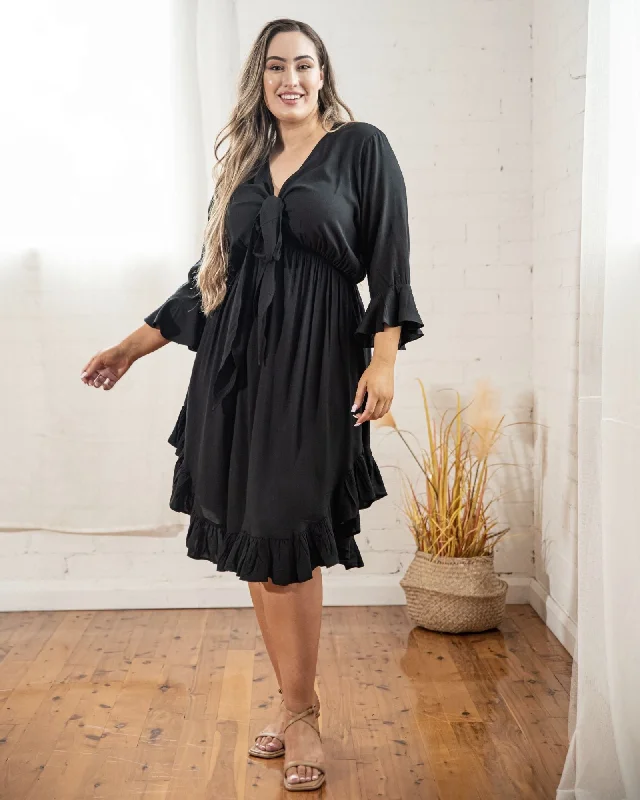 Arielle Tie Front Midi Dress in Black