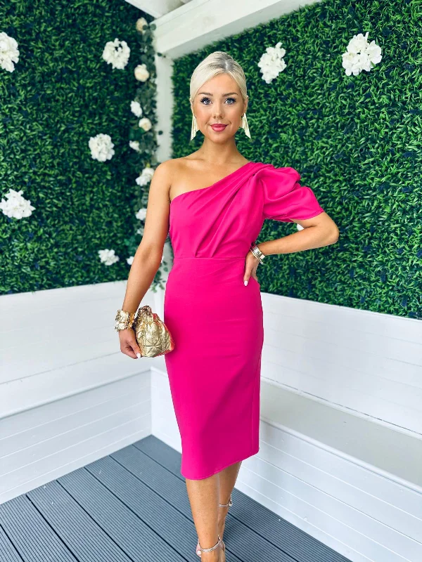 Carson One Shoulder Occasion Midi Dress Fuchsia