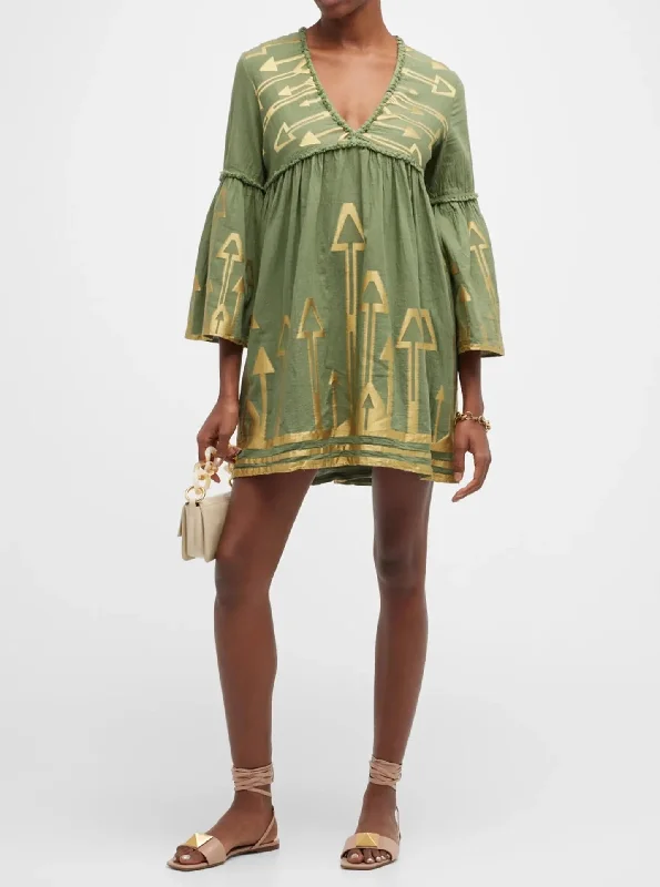 Green Khaki Embroidered Bell-Sleeve Mini Dress