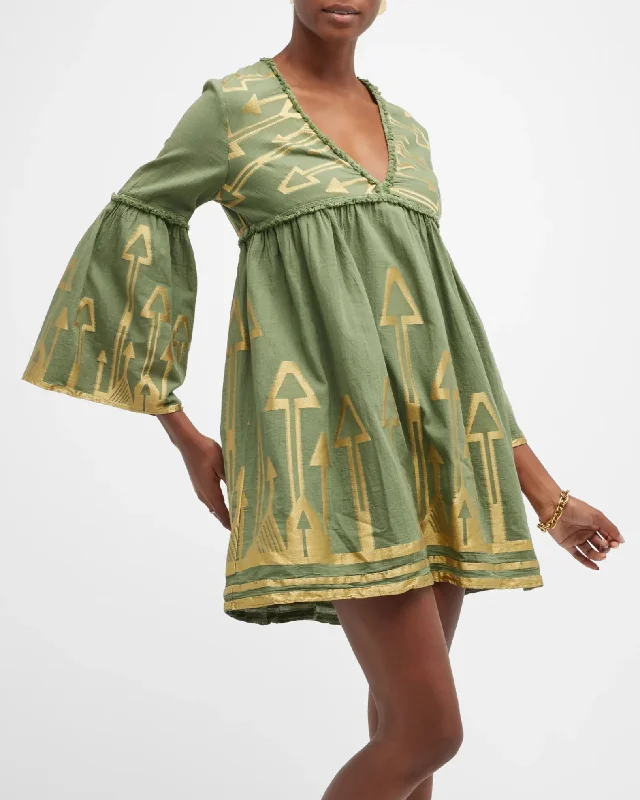 Green Khaki Embroidered Bell-Sleeve Mini Dress