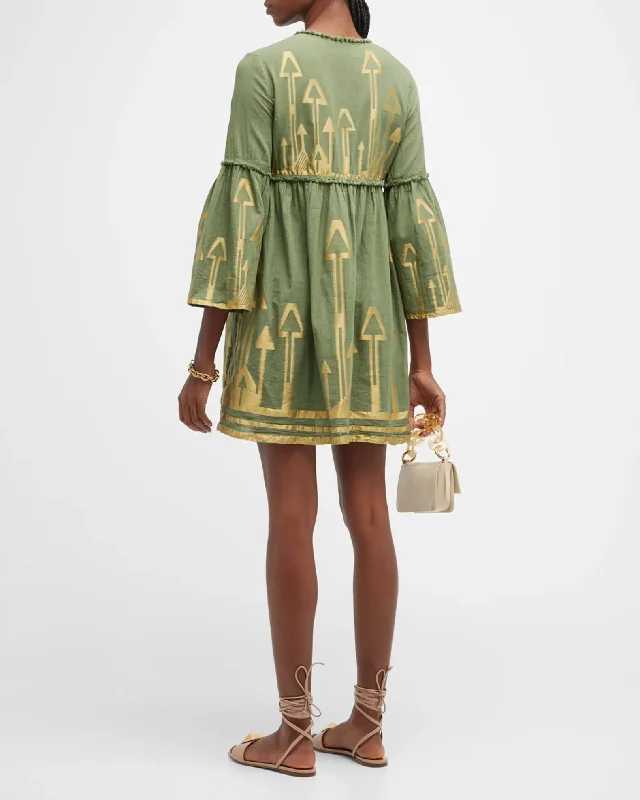 Green Khaki Embroidered Bell-Sleeve Mini Dress