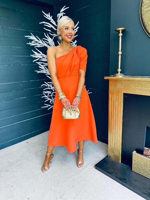 Margaret One Shoulder Occasion Midi Dress Orange