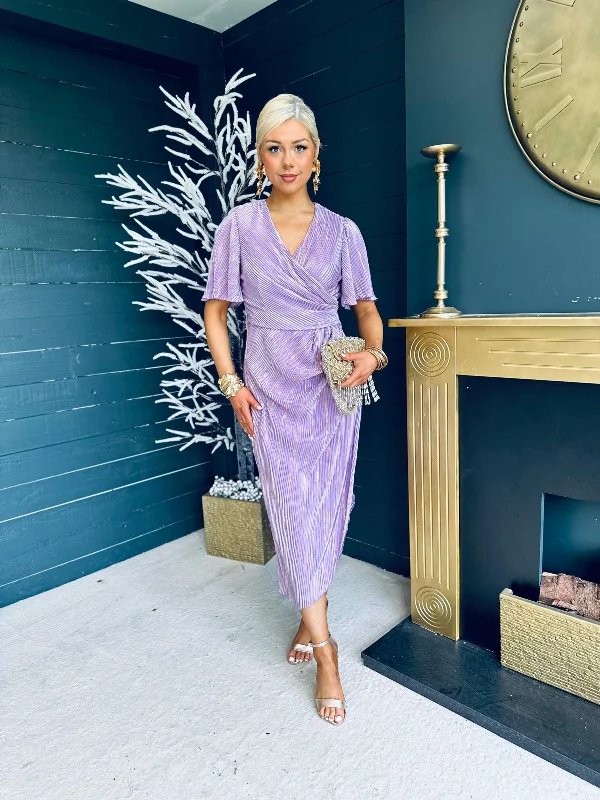 Natasha Metallic Angel Sleeve Wrap Midi Dress Lilac