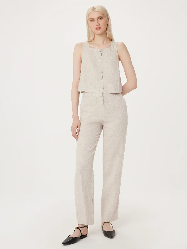 The Jane Linen Straight Pant in Light Beige