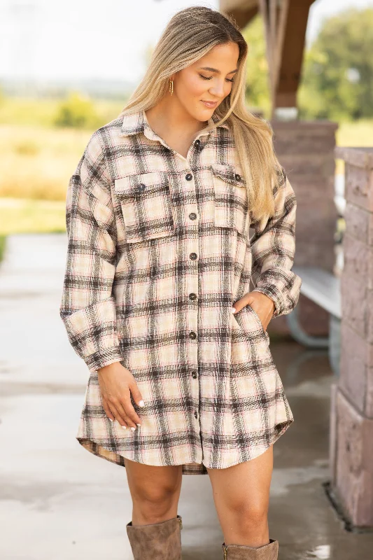 Brown and Tan Plaid Shirt Dress