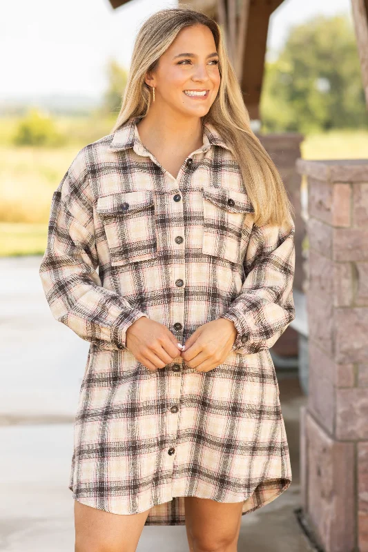 Brown and Tan Plaid Shirt Dress