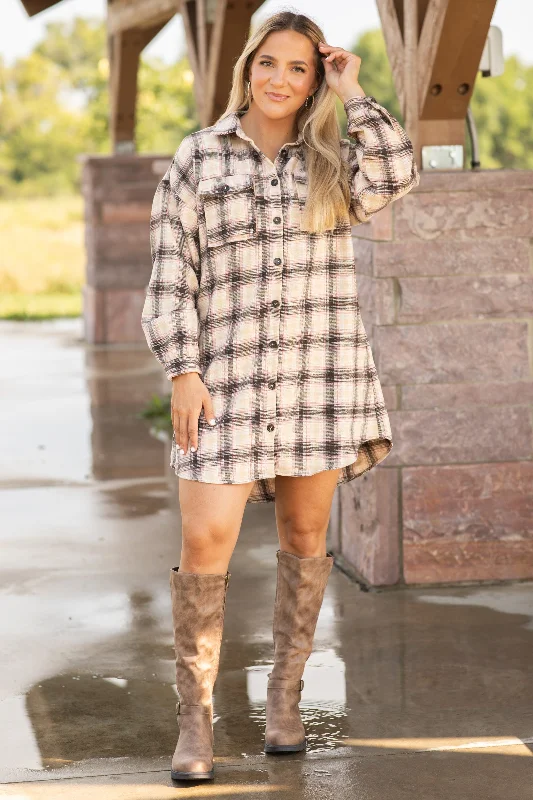 Brown and Tan Plaid Shirt Dress