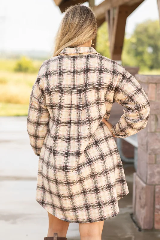 Brown and Tan Plaid Shirt Dress