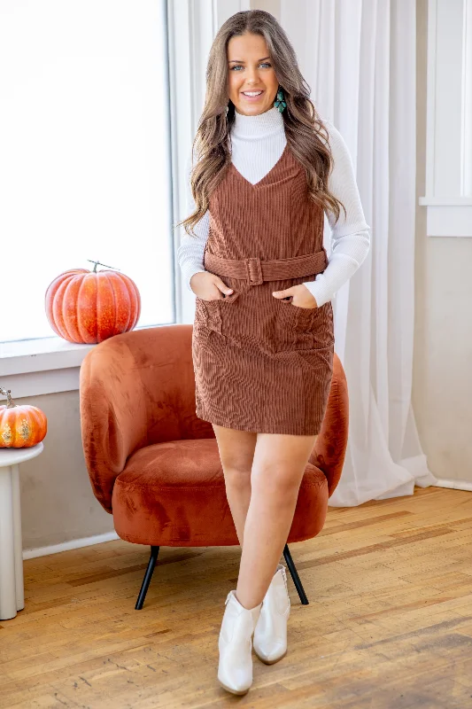 Brown Corduroy Dress With Belt