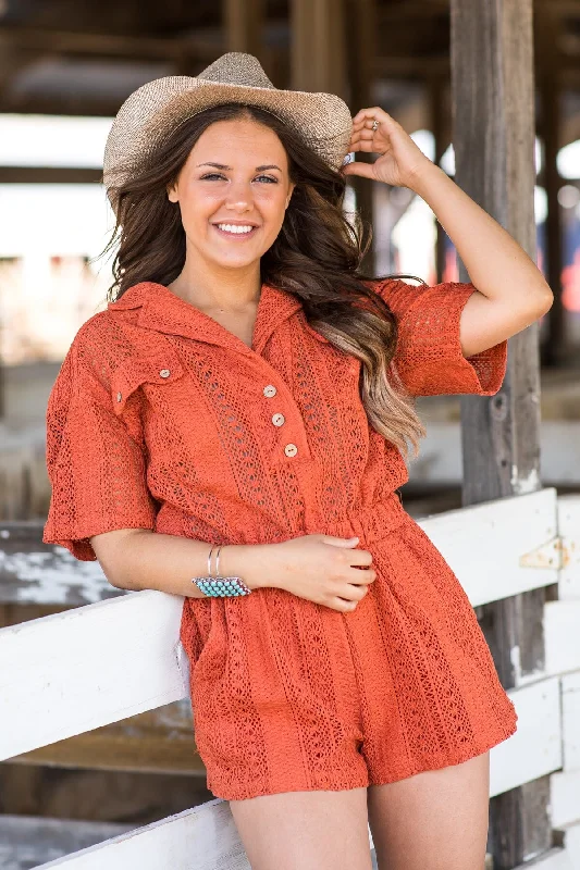 Burnt Orange Lace Elastic Waist Romper