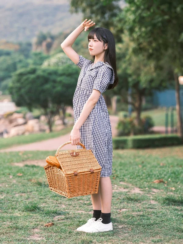 Checkered Sailor-collar Dress Navy Checkers*