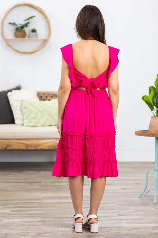 Fuchsia Smocked Bodice Tie Back Dress