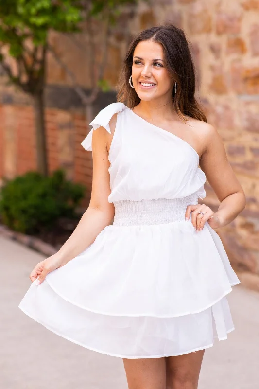 White Smocked Waist On Shoulder Dress