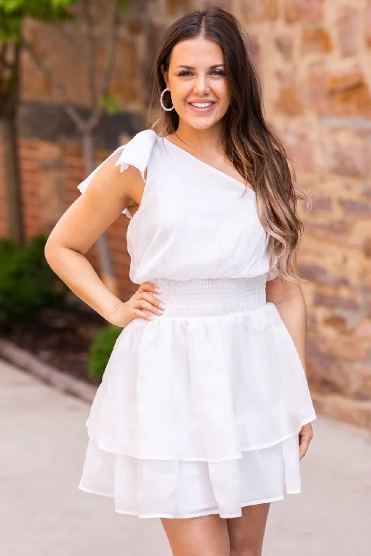 White Smocked Waist On Shoulder Dress