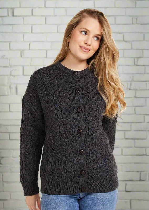 Achill Island Ladies Aran Cardigan | Charcoal