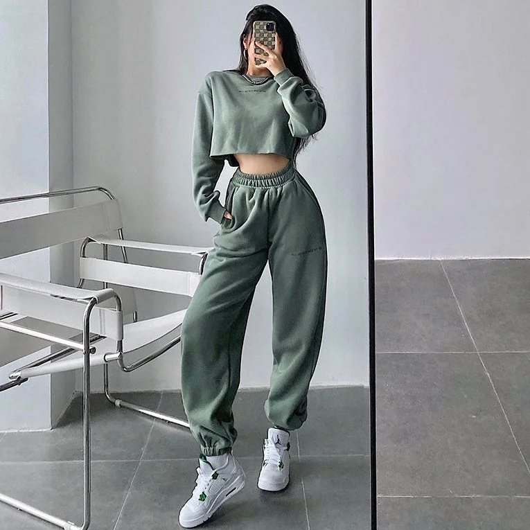 Alice Solid Color Cropped Long Sleeve Sweatshirt High Waist Sweatpants Matching Set