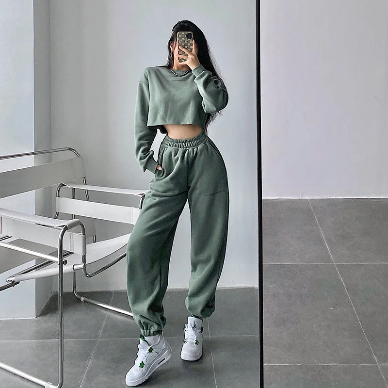 Alice Solid Color Cropped Long Sleeve Sweatshirt High Waist Sweatpants Matching Set