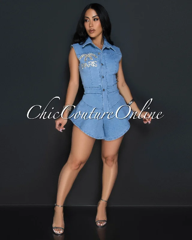 Amity Light Denim Rhinestones Hi-Lo Romper