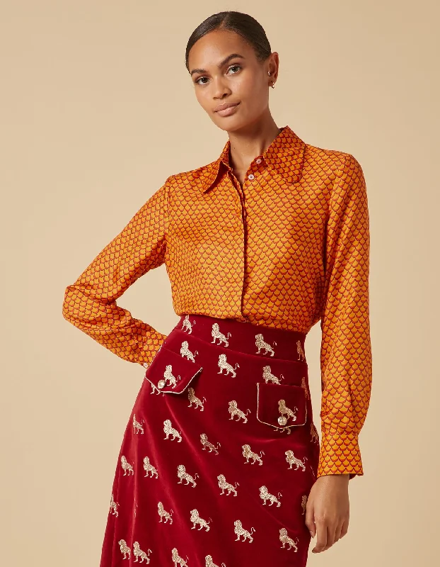 Bailey Orange Mermaid Print Silk Twill Shirt