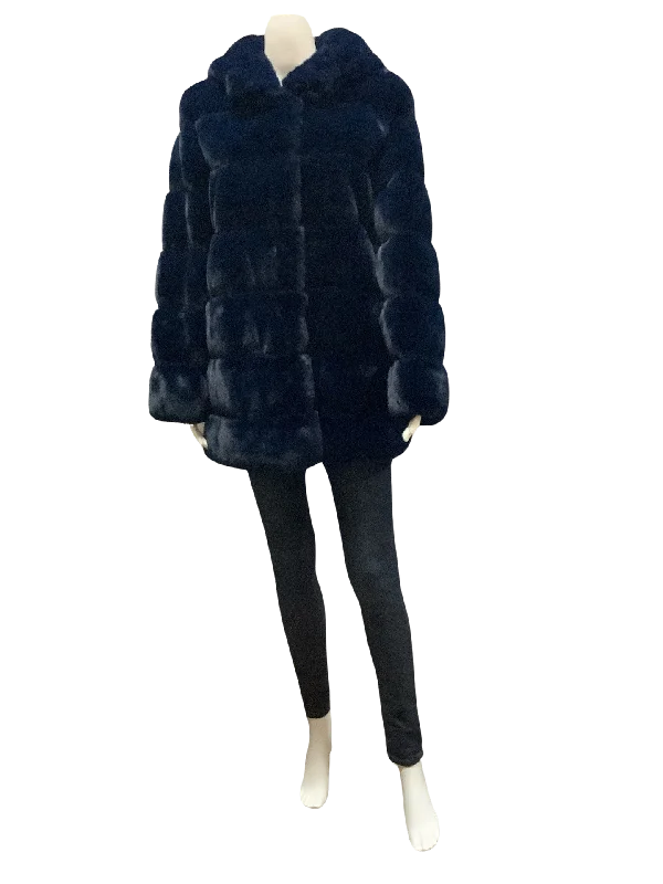 BCBG Maxazria Women's Coat Blue Hooded Faux Fur Size:S