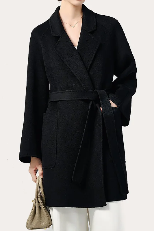 Black Notched Lapel Midi Women Wool Coat with Belt