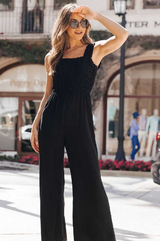 Black Square Neck Smocked Jumpsuit - FINAL SALE