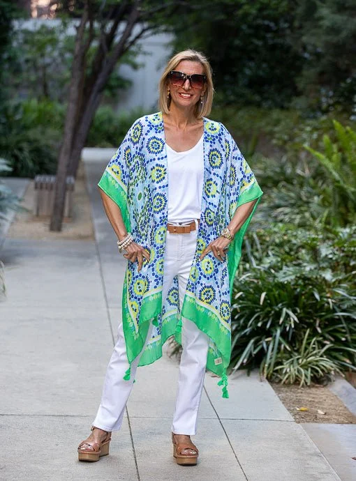 Blue Green Mosaic Border Print Kimono With Tassels