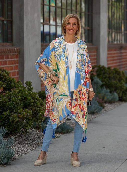 Blue Multi Abstract Print Kimono With Tassels