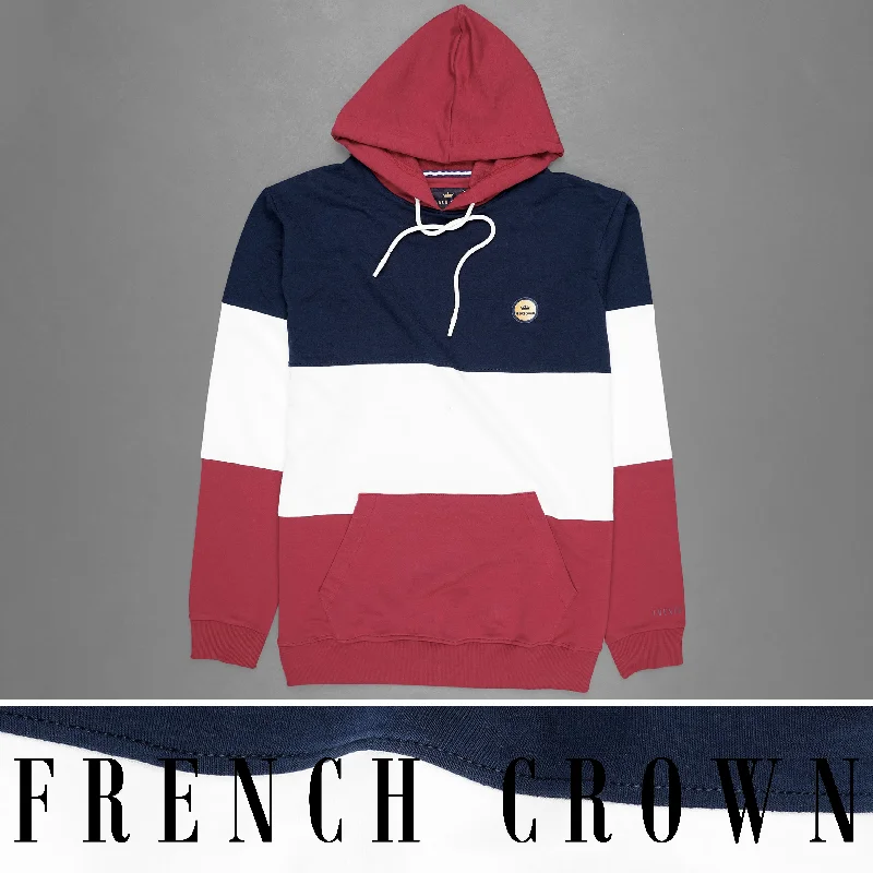 Bright White with Bleached Cedar Blue and Red Colour Block Hoodie Sweatshirt