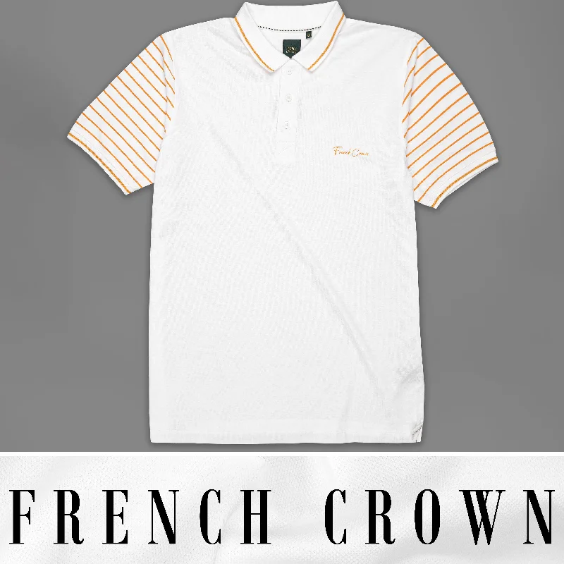 Bright White with Striped Printed Organic Cotton Mercerised Pique Polo