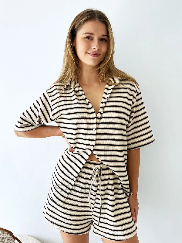 By Frankie / Franki Waffle Short Set - Beige/Choc Stripe