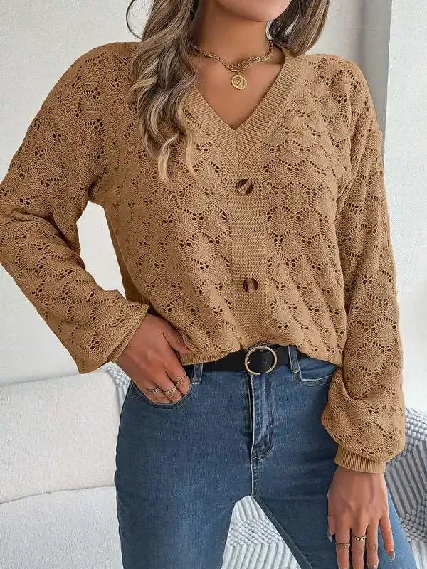 Casual V-neck buttoned hollow lantern sleeve pullover sweater