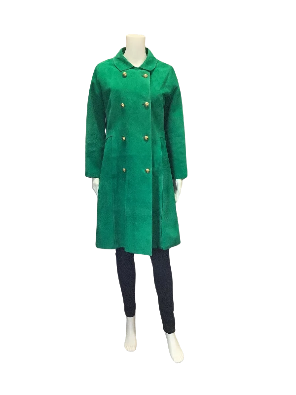 Choren Women's Coat Green Faux Suede Vintage Double Breasted Size: L